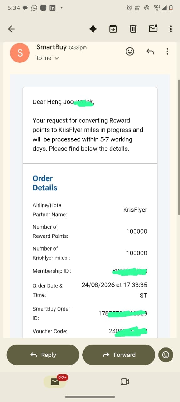 1,00,000 points converted to Singapore KrisFlyer
