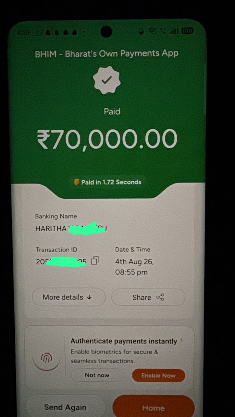 ₹70,000 paid instantly via UPI